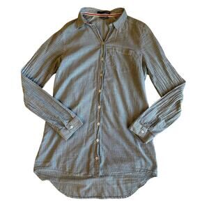 Sandra Railroad Striped Classic Cotton Light Blue Gray Button Up Women’s Top XS
